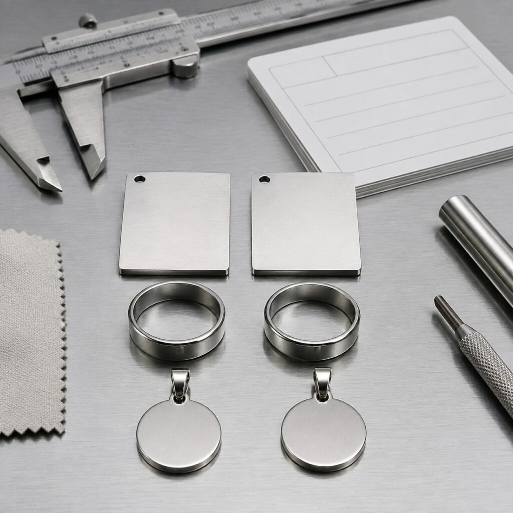 Stainless steel coupons and jewelry blanks prepared for material specification review
