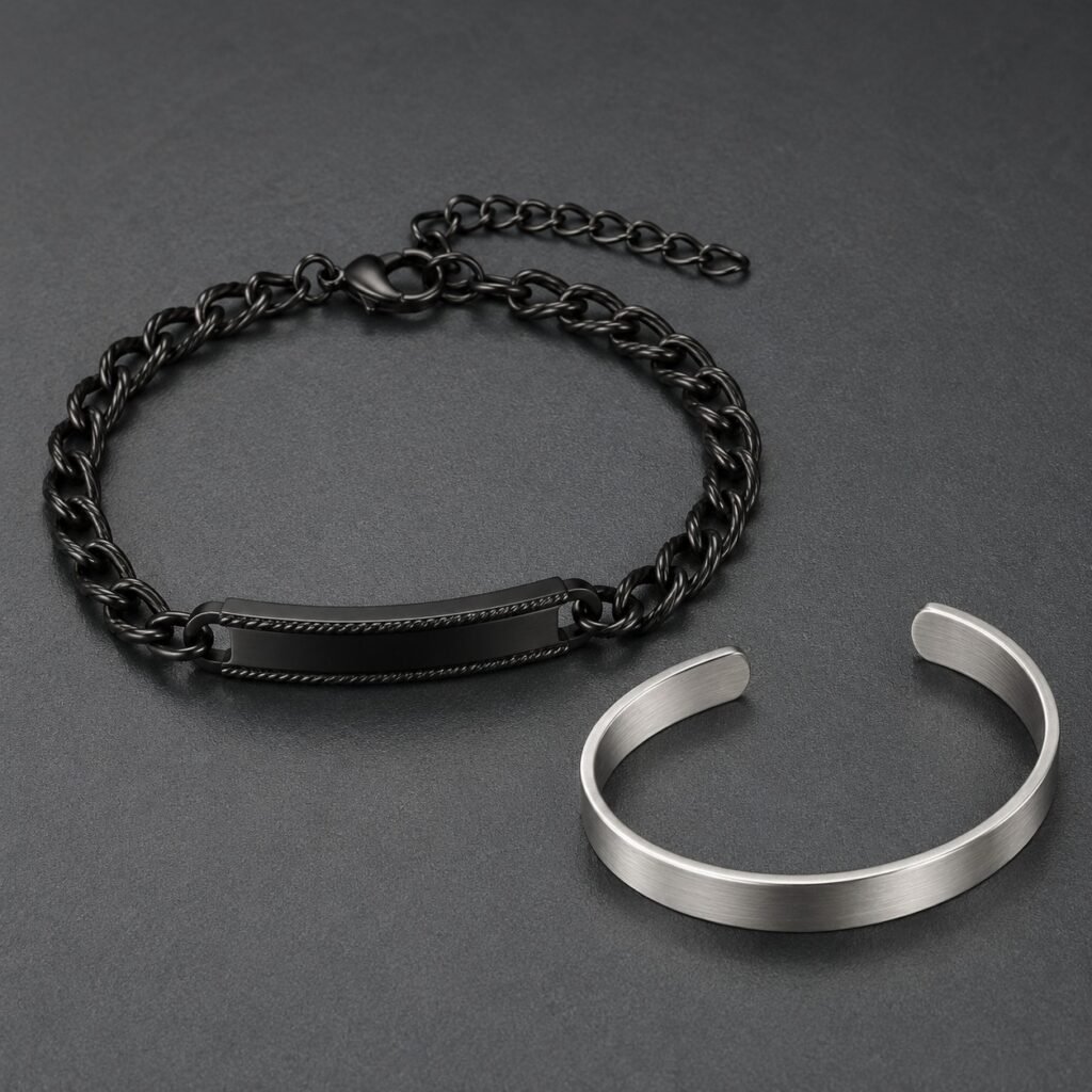 Western ID bracelet and brushed cuff with wearable functional structures