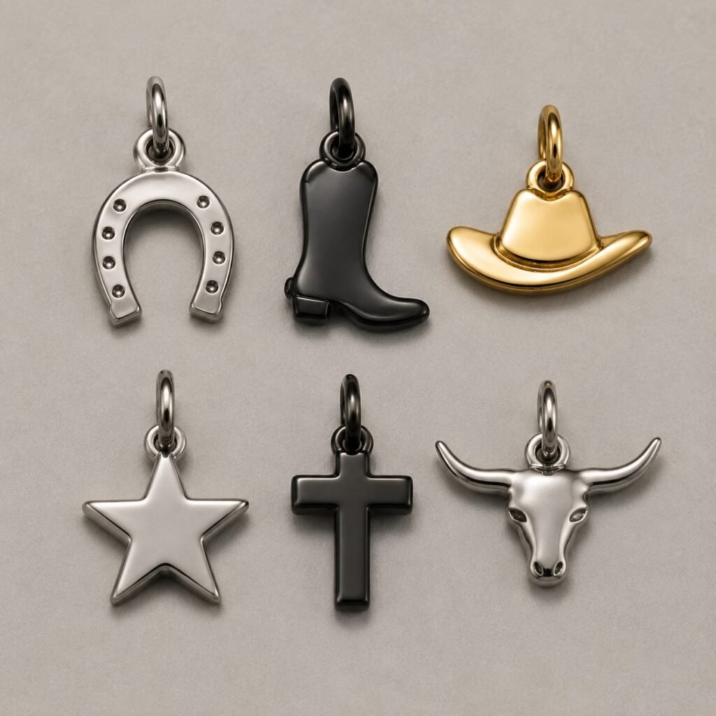 Six stainless steel Western charms with reinforced loops and closed jump rings