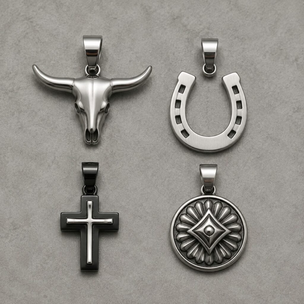 Four original stainless steel Western pendants with secure proportioned bails