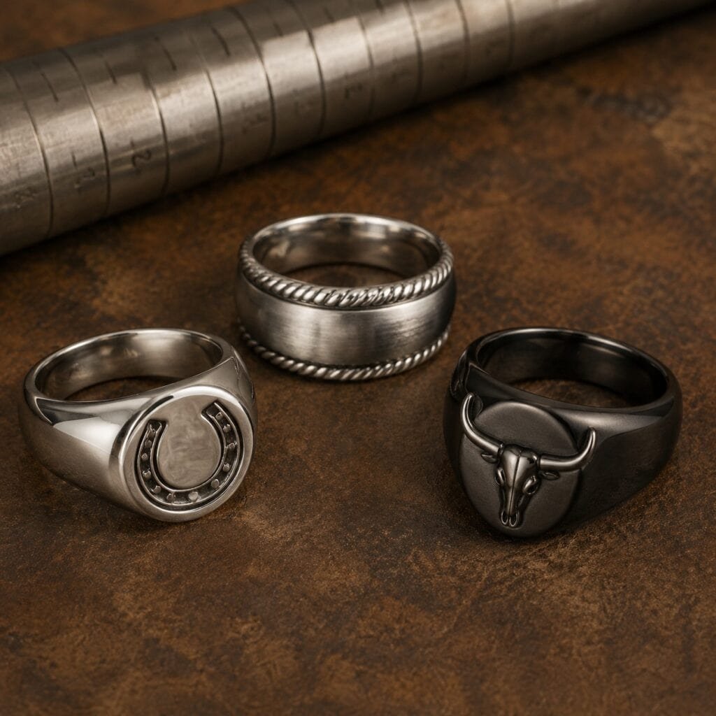 Three wearable stainless steel Western signet rings in coordinated finishes