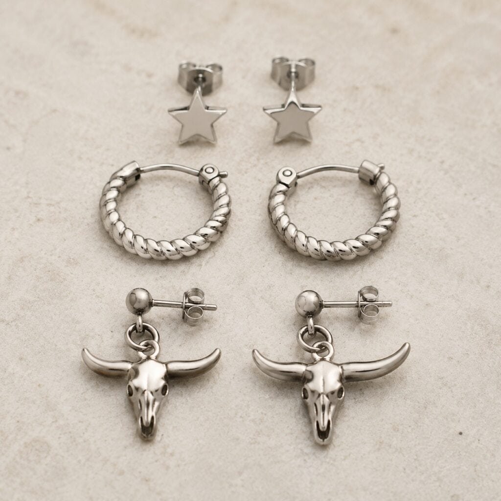 Western stainless steel stud, hoop, and drop earrings with correct closures